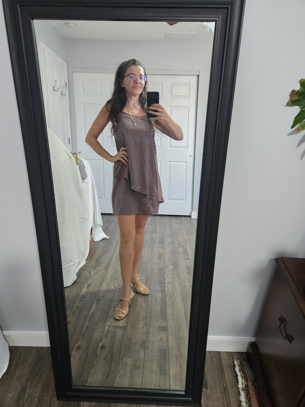 Sleeveless Brown Mini Slip Dress with Asymmetric Overlay